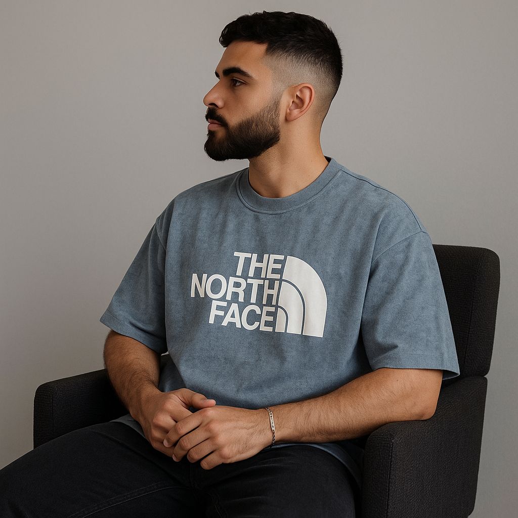 Baggy Fit Prined Tshirt Washed Blue