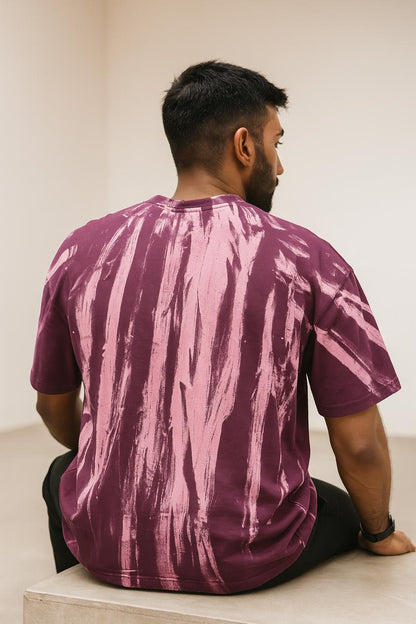 Baggy Fit Prined Tshirt maroon With Pinkish Streaks