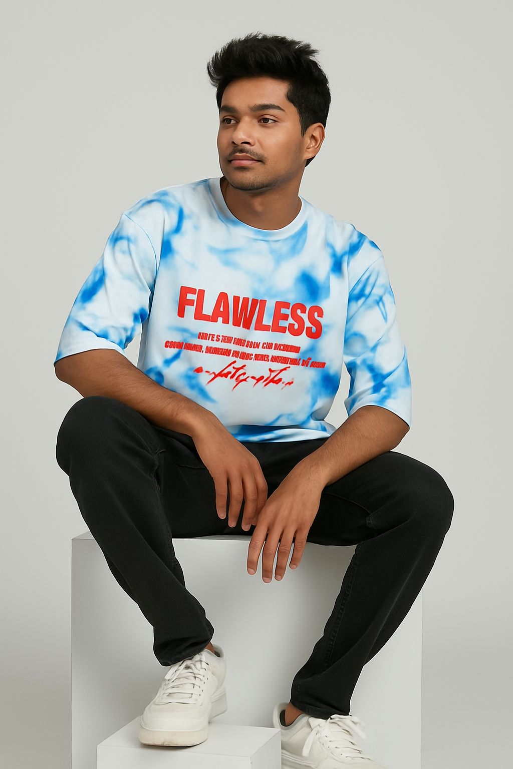 Baggy Fit Prined Tshirt White, Blue