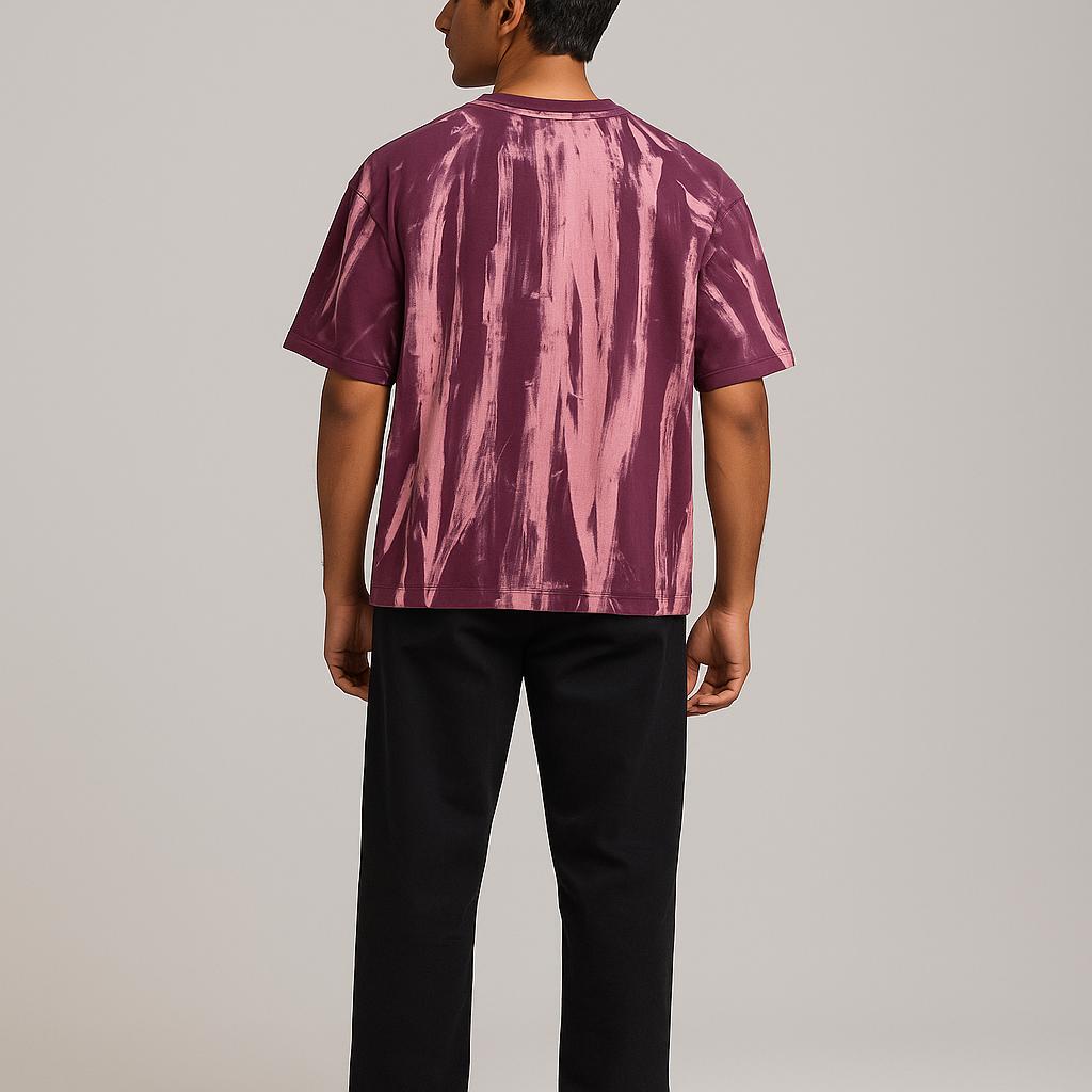 Baggy Fit Prined Tshirt maroon With Pinkish Streaks